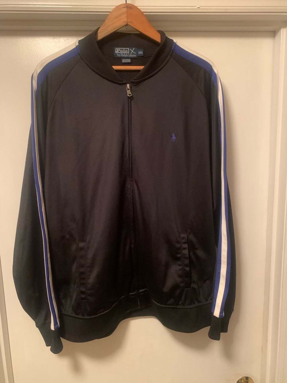 Vtg Polo Ralph Lauren Full Zip Track Jacket Black/Blue/ White Side Stripes XXL
